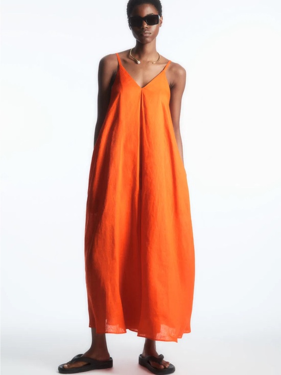COS Dresses & Skirts - COS orange linen pleated V-neck midi dress